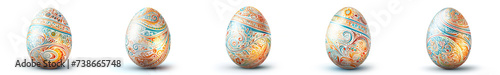 Colorfully decorated Easter eggs with patterns displayed and folk patterns in red  yellow and blue colors  isolate on a white background