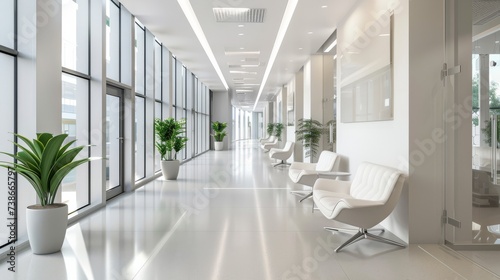 An empty, modern hospital corridor with white walls, chairs, and potted plants, providing a serene waiting area for doctors and patients alike © Lars