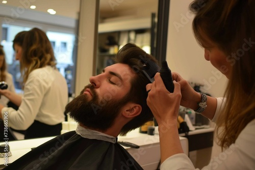 Barber cutting a handsome dark-haired man