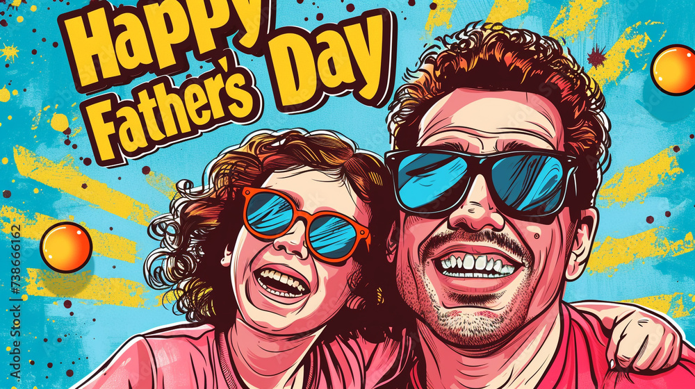 A pop art style of a father and his child wearing sunglasses and smiling with 