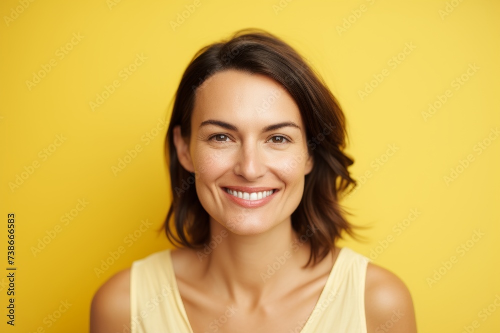 Portrait of a beautiful woman smiling at camera over yellow background. Portrait of a beautiful woman smiling at camera over yellow background.