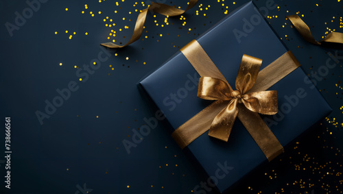 Dark blue gift box with a golden ribbon on a blue background with glitter