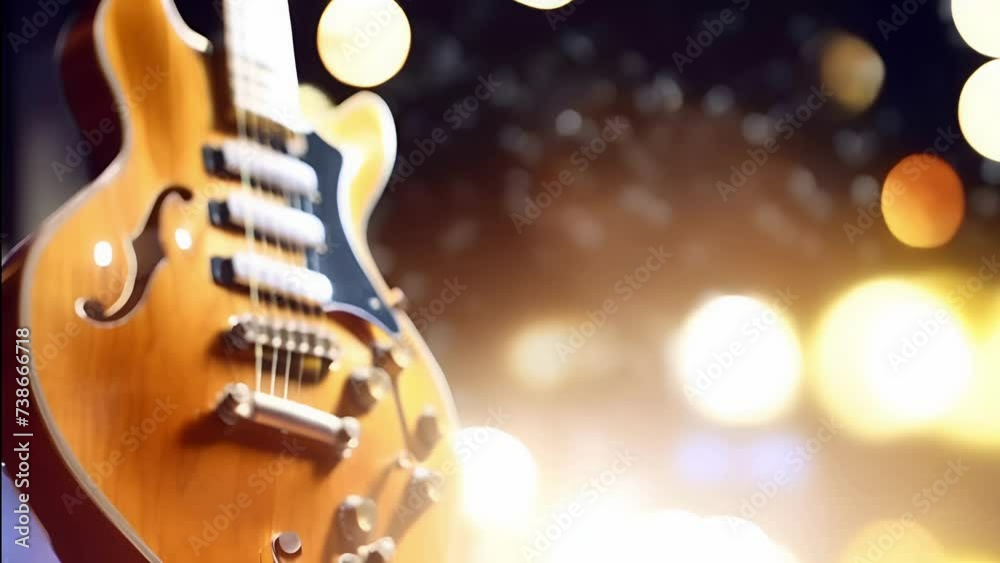 Music holiday footage of close up electronic guitar on blurred concert background with bokeh effect, suitable for music event, party or concert