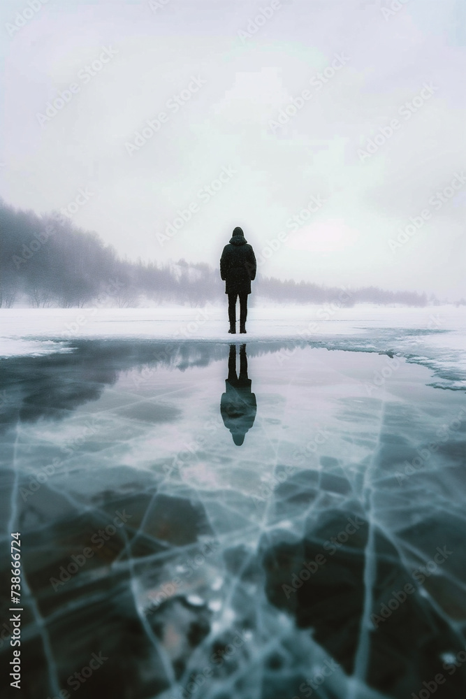 A man stands on the ice of the frozen lake. 