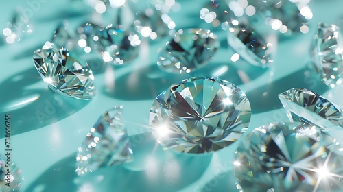 Sparkling diamonds scattered on a glittering aqua surface. luxury gems concept with brilliant shine. ideal for jewelry and wealth visuals. AI photo