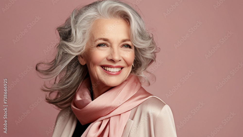 Gorgeous middle aged elderly woman in 50s with grey hair, beautiful skin and smile Gorgeous middle aged elderly woman in 50s with grey hair, beautiful skin and smile