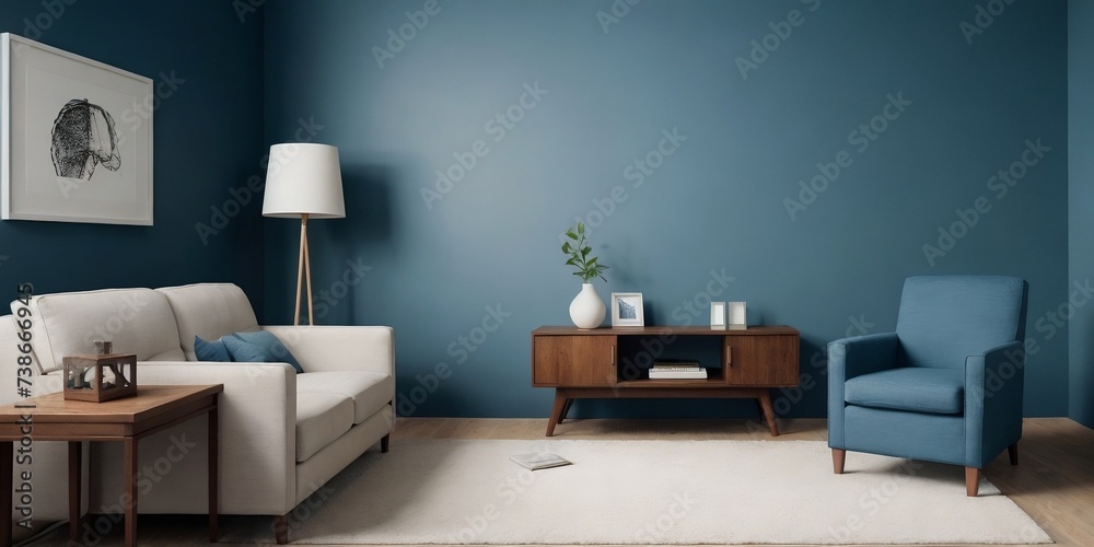 Minimalistic living room with an armchair, lamp, and empty blue wall with copy space. Minimalistic living room with an armchair, lamp, and empty blue wall with copy space.