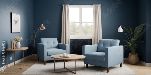 Minimalistic living room with an armchair, lamp, and empty blue wall with copy space. © PNG&Background Image