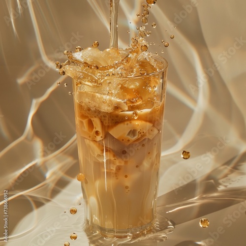 A very modern stylish drink. Coffee, Nescafe, vanilla latte, iced tea, cocktail. Using coconut, berries,  ice, splashes, sunset, translucence, light effect.