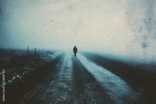 Man walking on a country road in foggy day. Grunge effect. photo