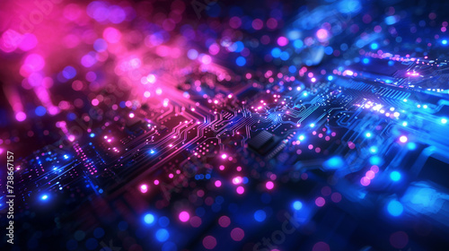 Abstract futuristic background in blue and purple colors. Digital technology, the future of innovative communications. Abstract microcircuits and processors. Bokeh effect. AI generative