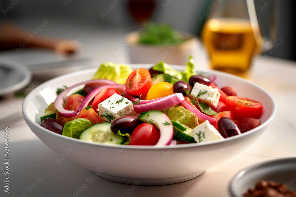 Healthy salad bowl with tomatoes, cucumbers, fresh vegetables, feta cheese and mixed greens on table. Food and health.