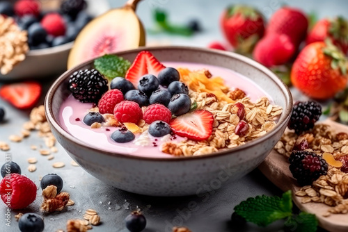 bowl of crunchy granola or oatmeal for breakfast with fresh berries, yogurt topped. Perfect for healthy breakfast or snack.