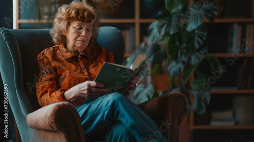 Elderly woman reading a book in a cozy room, enjoying quiet time. casual home lifestyle. comfortable indoor relaxation. AI