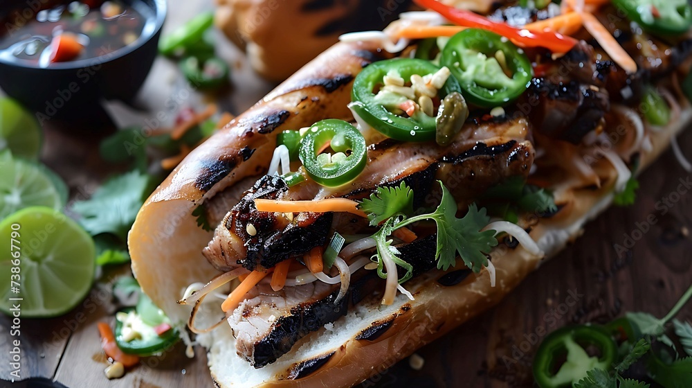 Vietnamese banh mi sandwich filled with lemongrass-marinated grilled pork, pickled vegetables, cilantro, and jalape?+/-os - obrazy, fototapety, plakaty 