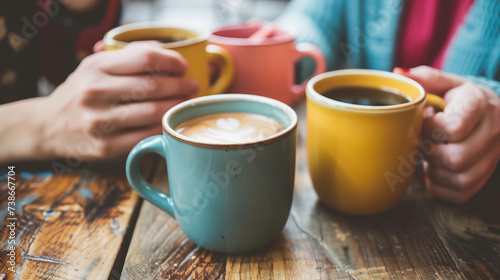 Close up of coffee cups on a table with hands holding it