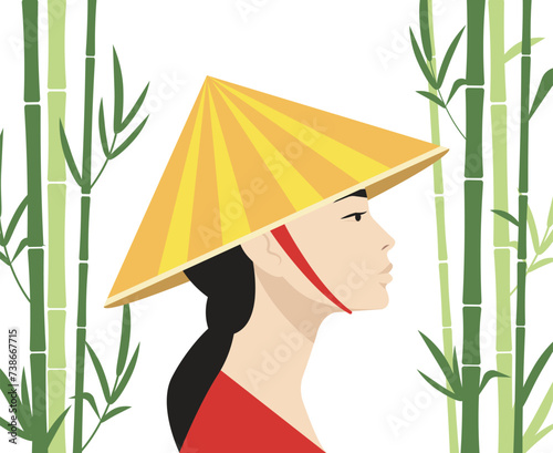 Asian woman profile portrait. Wearing traditional style hat. Green bamboo plants grove on the background. Isolated. Asian travel destinations and tourism design.
