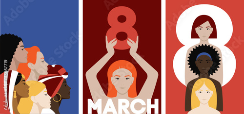 Different ethnicity women vertical composition poster set. Diverse modern female portraits. International woman day. 8 of march. Friendship, unity, woman rights, solidarity and multiracial union.