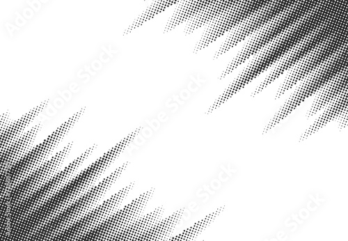 Diagonal halftone speed lines manga style background. Anime style dotted stripes. Comics book frame. Monochrome super hero force movement layout. Simple geometric striped motion effect.
