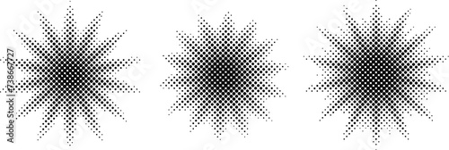 Star shape halftone gradient spots set. Abstract geometric star spotted elements. Pop art decorative backdrop. Manga style burst explosion background.
