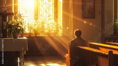 Prayerful Meditation: Catholic Church. Individual in Quiet Prayer Nook with Prayer Book. Spiritual Vibes during Meditation. Personal Scene during Prayer Time photo