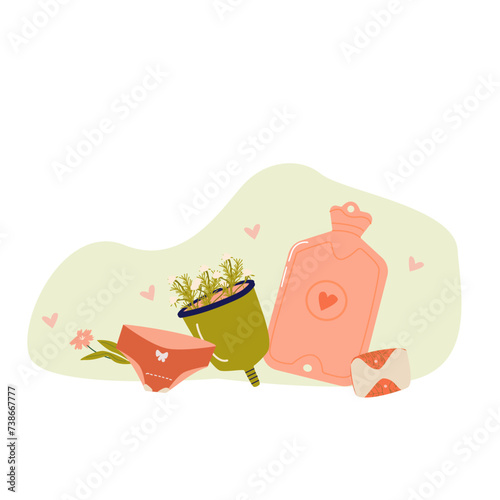 Banner female reusable supplies in menstrual period. Vector illustration included menstrual cup, warm and panties. 