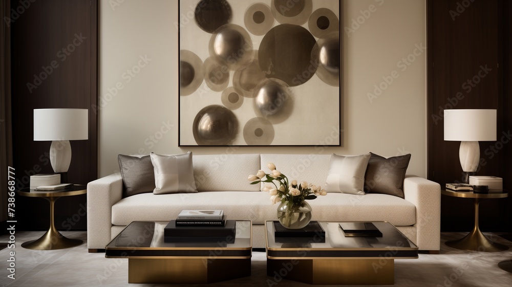 A contemporary living space featuring a linen sofa, a sleek metal table, and a wall adorned with an abstract art installation composed of metallic discs. - obrazy, fototapety, plakaty 