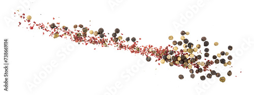 Black, Green, White, and Pink pepper seeds, pile of aromatic peppercorn spice, dried cooking spicy ingredients, graphic element isolated on a transparent background photo