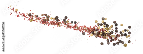 Obraz  z motywem Black, Green, White, and Pink pepper seeds, pile of aromatic peppercorn spice, dried cooking spicy ingredients, graphic element isolated on a transparent background
