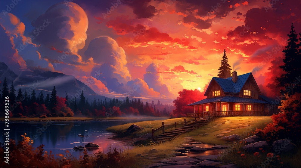 A cozy house glowing warmly with light from within, nestled against a fiery sunset sky, casting vibrant hues across the landscape.