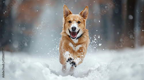 Portrait of a happy dog running in snow in winter.