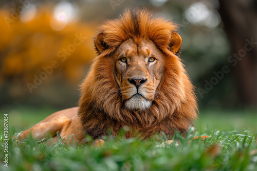 Adult male lion resting on grass.