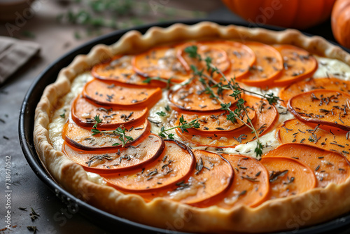 Tarte Flambee with soft goat cheese- pumpkin slices and fresh thyme. photo