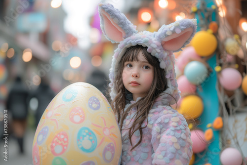Cute girl in a bunny costume with a large Easter egg