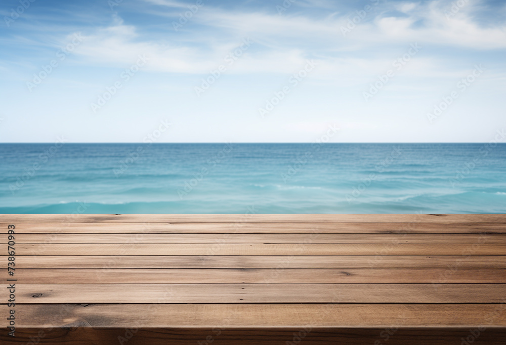 Rustic Empty Wooden Table with Blurred Seascape Background, Blue Sky and Calm Ocean. Empty Wooden Desk Surface for Product Display Mockup in front of a Simple Seaside View with Copy Space