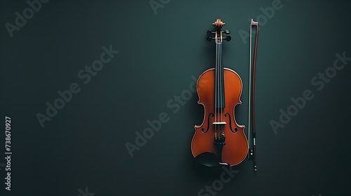 Elegant violin with bow depicted on a dark backdrop, minimalist classical music concept with a modern touch. contemporary art style rendering. AI