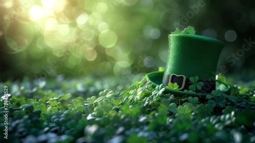 St Patrick's day background with leprechaun hat and clover leaves
