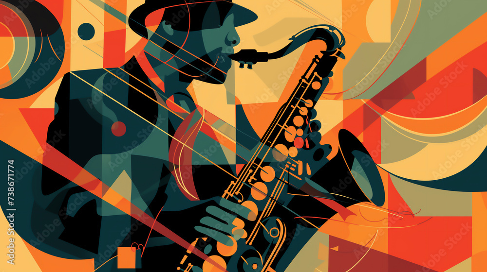 Afro-American male jazz musician saxophonist playing a saxophone in an abstract cubist style painting for a poster or flyer, stock illustration image - obrazy, fototapety, plakaty 