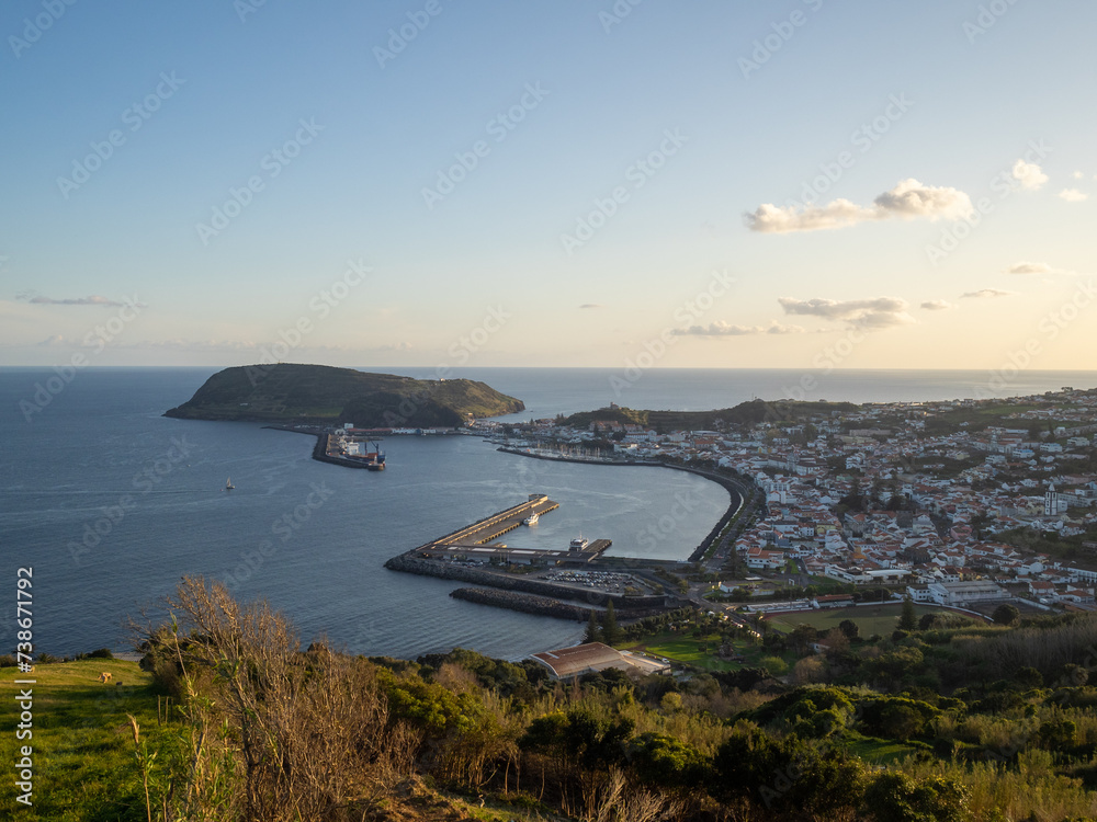 View at dusk of Horta city and port with Monte da Guia, Faial Island