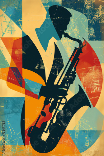 Afro-American male jazz musician saxophonist playing a saxophone in an abstract cubist style painting for a poster or flyer, stock illustration image