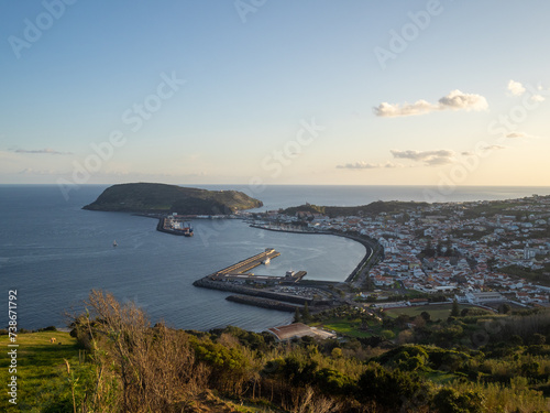 View at dusk of Horta city and port with Monte da Guia, Faial Island