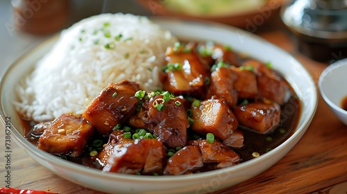 Filipino adobo chicken or pork marinated in soy sauce, vinegar, and garlic, served with rice photo