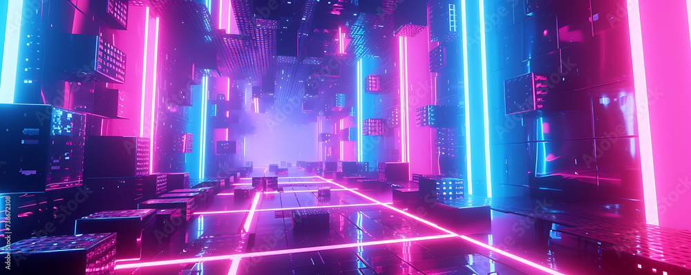 Retro-futuristic arcade universe with neon pathways leading to different realms of pixelated wonder.