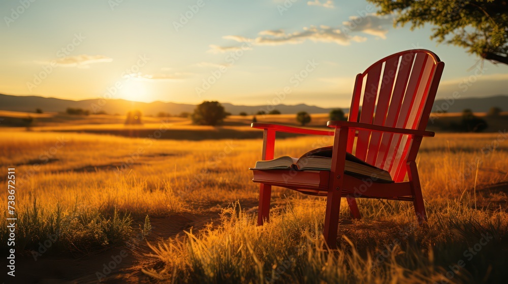 A red chair sits in a grassy field with a book UHD WALLPAPER