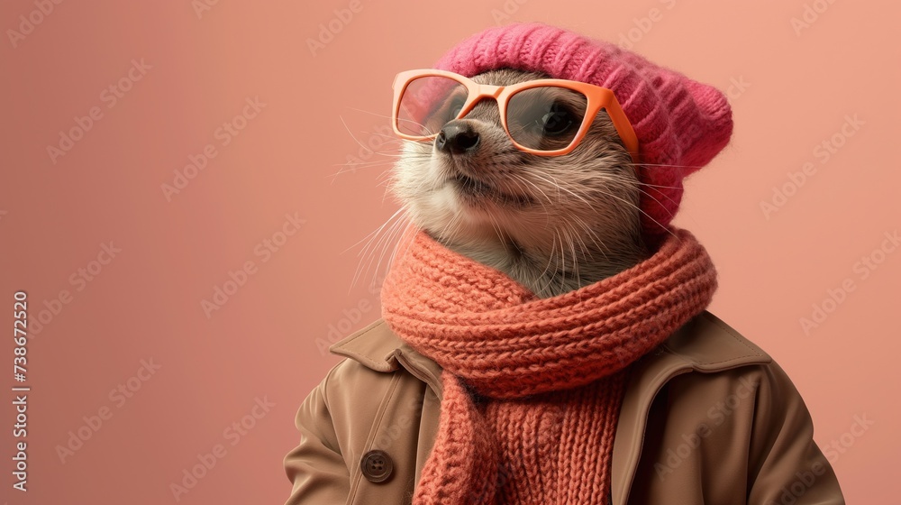 Stylish fashionable otter in sunglasses, light hat and scarf, cloak shows a new trendy spring look. Seasonal sales, discounts, online and in-store shopping