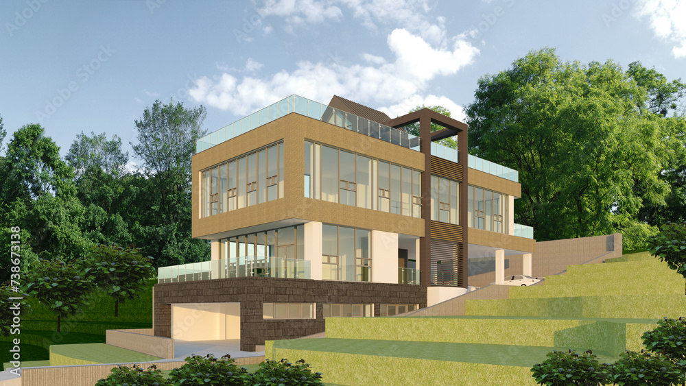 house in the park, 3d rendering of a modern cafe building in the forest