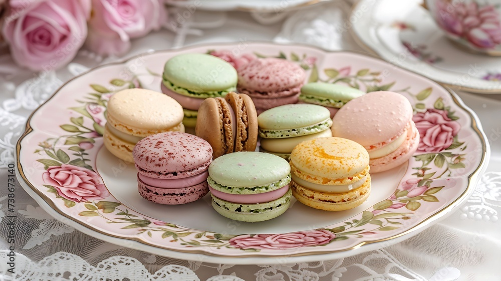 French macarons in assorted flavors and pastel colors, served on a delicate porcelain plate