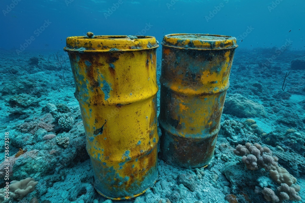 Rusting yellow barrels are dangerous with toxic waste lined up on the ocean floor, making you wonder about marine pollution and the environmental consequences.