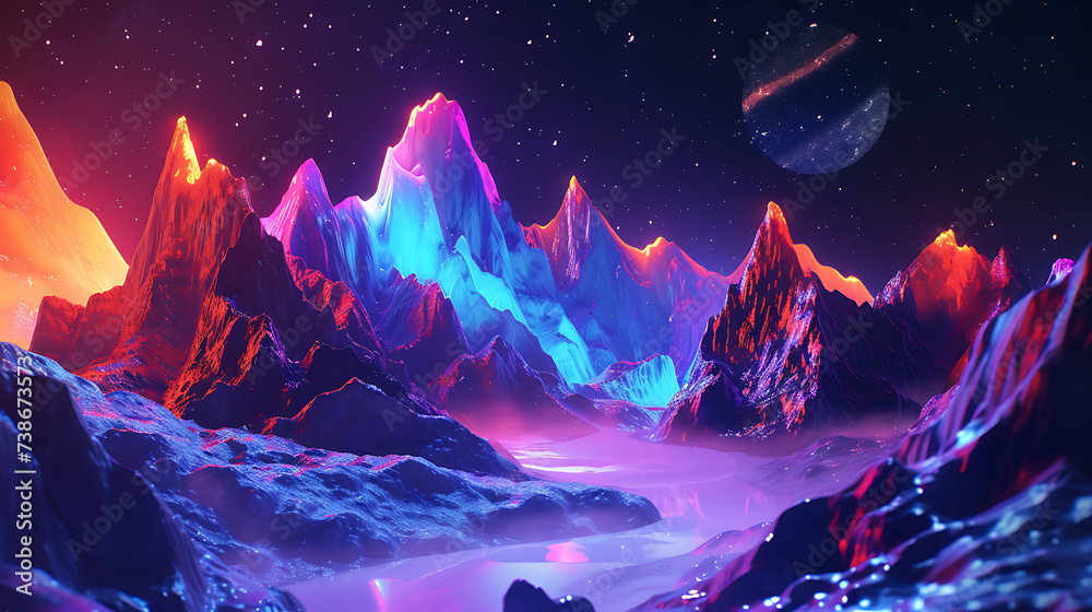 Surreal landscape with neon-lit mountains and abstract shapes, forming a dreamlike and imaginative scene