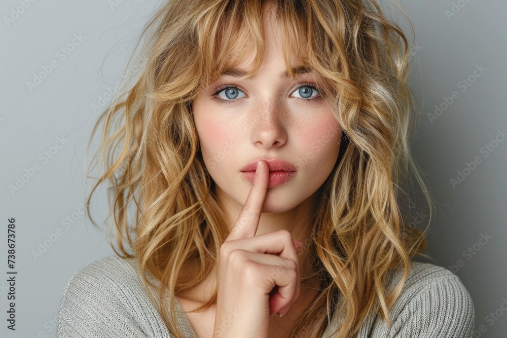 Portrait of a Woman With Finger on Lips in a Hush Gesture Portrait of a Woman With Finger on Lips in a Hush Gesture